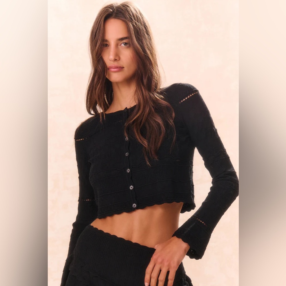 LOVESHACKFANCY MEDIA POINTELLE KNIT CARDIGAN IN BLACK, brand new, never worn. - Picture 3 of 14